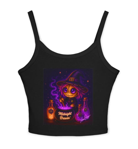 Midnight Brewin witch tank top with glowing purple cauldron design on black fitted crop