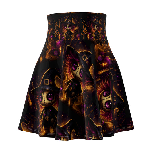 Black skater skirt with glowing voodoo witch doll and candlelit potion artwork