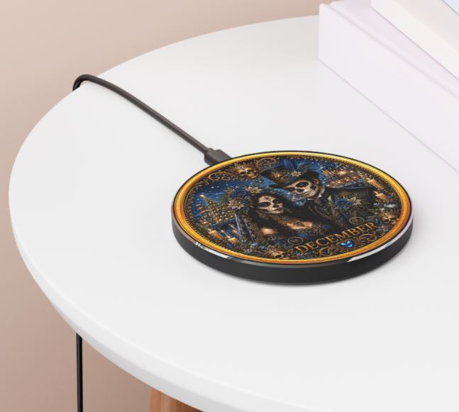 Eternal Royals December Wireless Charger | Gothic Skeleton Couple Qi Charging Pad | Dark Fantasy Desk Decor | Celestial Phone Charger