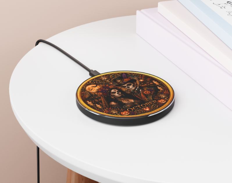 Eternal Royals October Wireless Charger | Gothic Skeleton Couple Qi Charging Pad | Dark Fantasy Desk Decor | Celestial Phone Charger