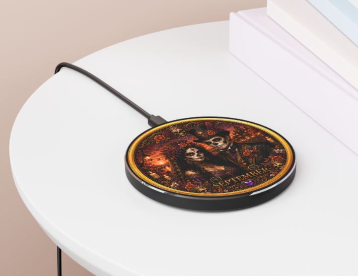 Eternal Royals September Wireless Charger | Gothic Skeleton Couple Qi Charging Pad | Dark Fantasy Desk Decor | Celestial Phone Charger