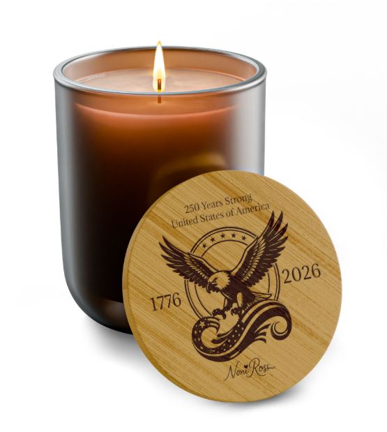 burnt amber frosted glass patriotic candle with engraved eagle lid celebrating 250 years of the united states 1776 2026