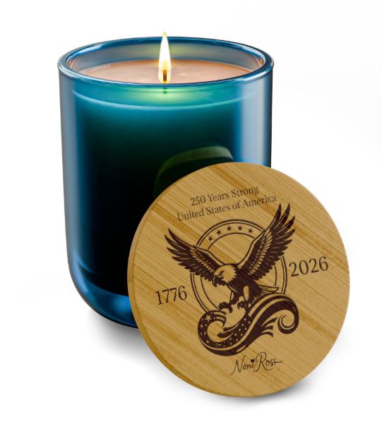 deep pacific blue soy candle with engraved eagle bamboo lid 250 years strong united states of america 1776 2026 design