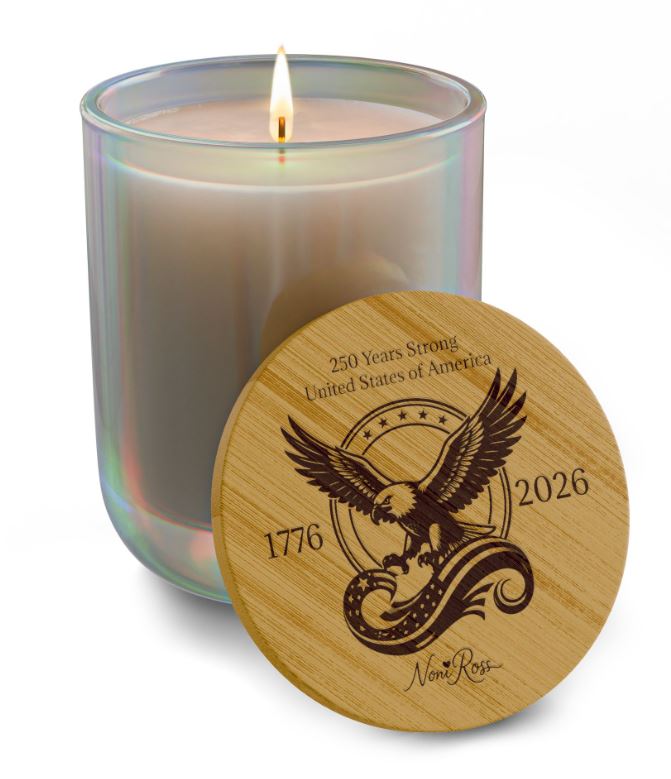 opal iris soft tone soy candle with engraved bamboo lid featuring american eagle 1776 2026 independence anniversary