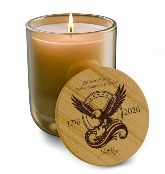 peachy nude soy candle with engraved patriotic eagle lid celebrating united states 250 year anniversary 2026