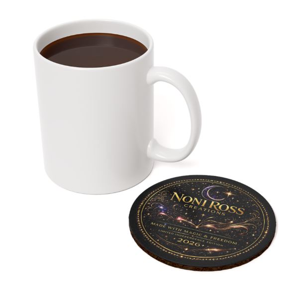 Round NRC logo coaster displayed with coffee mug showcasing premium signature series design