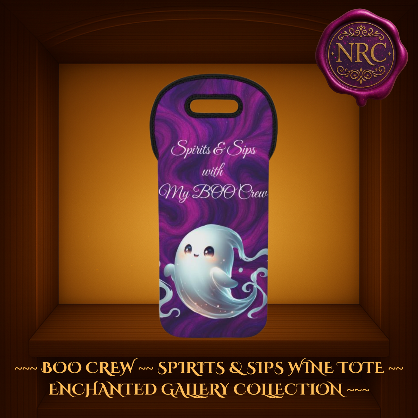 Spirits & Sips with My BOO Crew Wine Tote featuring cute smiling ghost on rich purple swirl background with whimsical white lettering by Noni Ross Creations