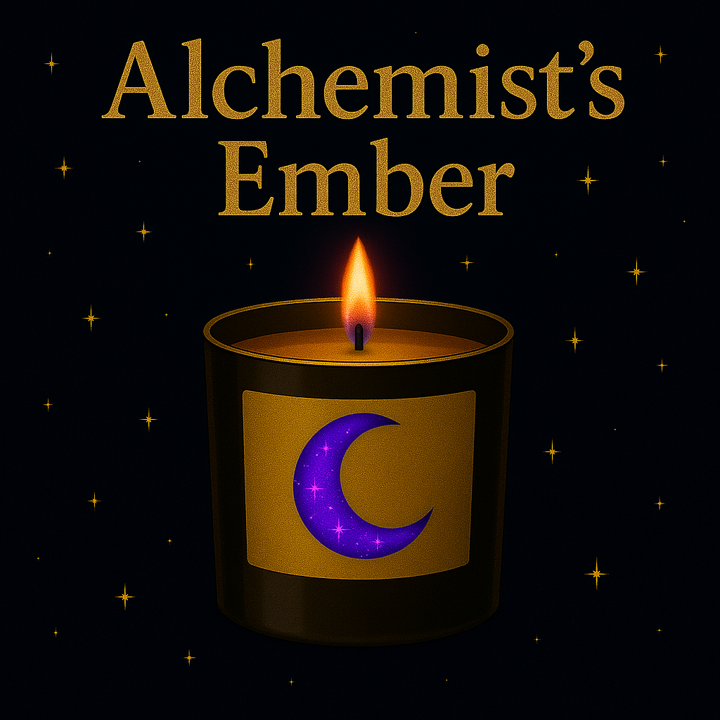 Alchemist’s Ember collection badge featuring a mystical golden flame icon over a dark enchanted background, symbolizing magic-infused creations from Noni Ross Creations.